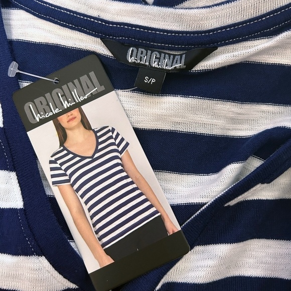 Nicole Miller Stripe Tee t-shirt Tank Top Navy White V-Neck Short Sleeve HiLo - Picture 8 of 11